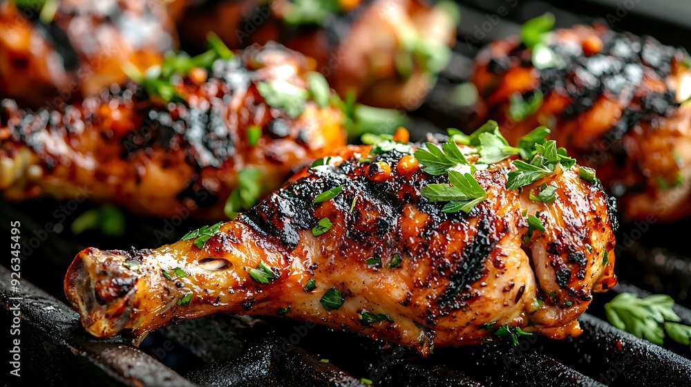 Top view of grilled chicken with fresh herbs on a metal bar grill, isolated white background. The bar grill is made of stainless steel, with a clear texture and the food looks delicious. Top view of grilled chicken with fresh herbs on a metal bar grill, isolated white background. The bar grill is made of stainless steel, with a clear texture and the food looks delicious.