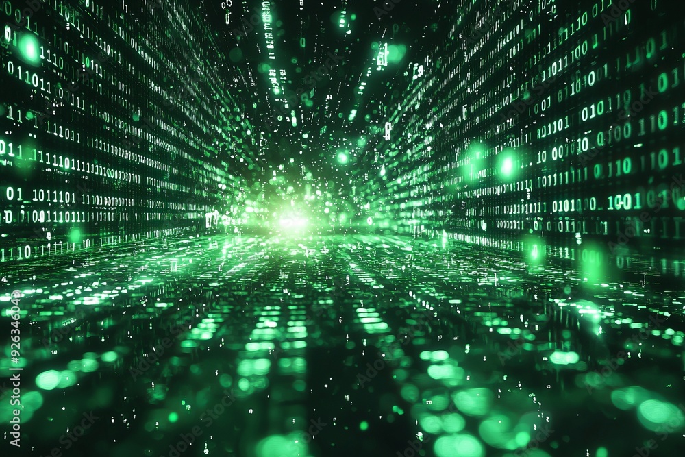 Green Dark Binary Code with Data Streaming Background created with Generative AI Green Dark Binary Code with Data Streaming Background created with Generative AI