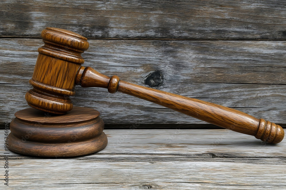 Classic wooden gavel on a judicial block, symbolizing law, order, and justice, set against a rustic wooden background Classic wooden gavel on a judicial block, symbolizing law, order, and justice, set against a rustic wooden background