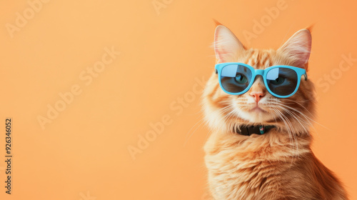 A funny ginger cat with blue sunglasses is looking straight at the camera. The cat is isolated on a light orange background. --ar 16:9 --v 6.1 Job ID: 25032bd3-00f4-4768-81a6-708dada19449