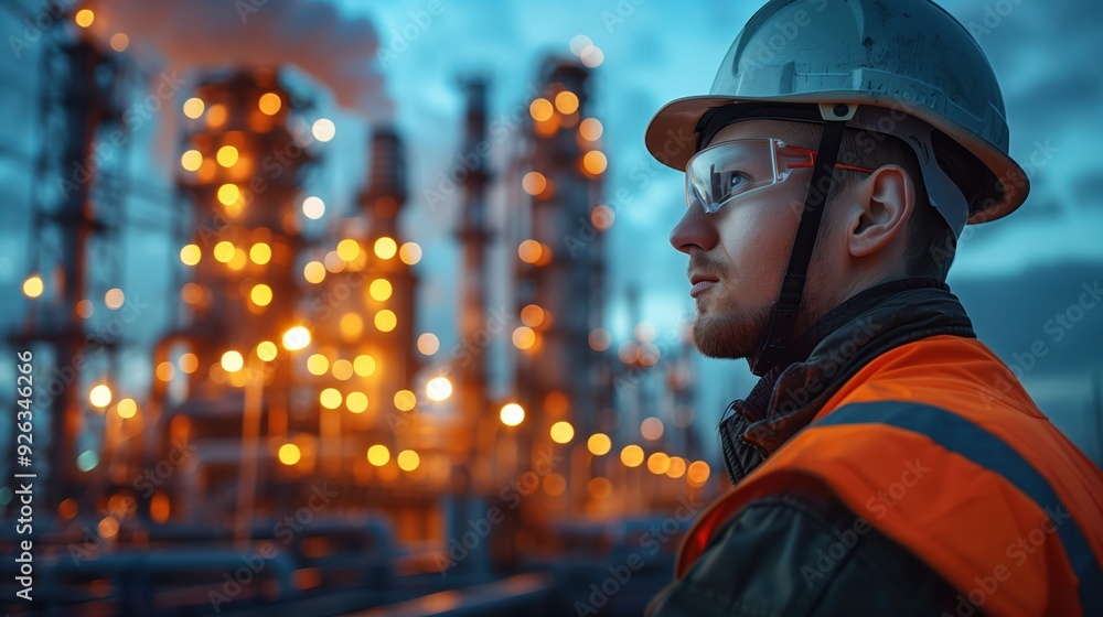 Engineers in Safety Helmets and Uniforms Overseeing Industrial Plant Operations at Twilight with Focus on Safety and Precision Engineers in Safety Helmets and Uniforms Overseeing Industrial Plant Operations at Twilight with Focus on Safety and Precision