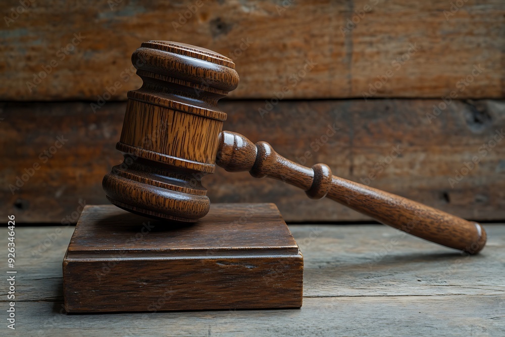 Classic wooden gavel on a judicial block, symbolizing law, order, and justice, set against a rustic wooden background Classic wooden gavel on a judicial block, symbolizing law, order, and justice, set against a rustic wooden background