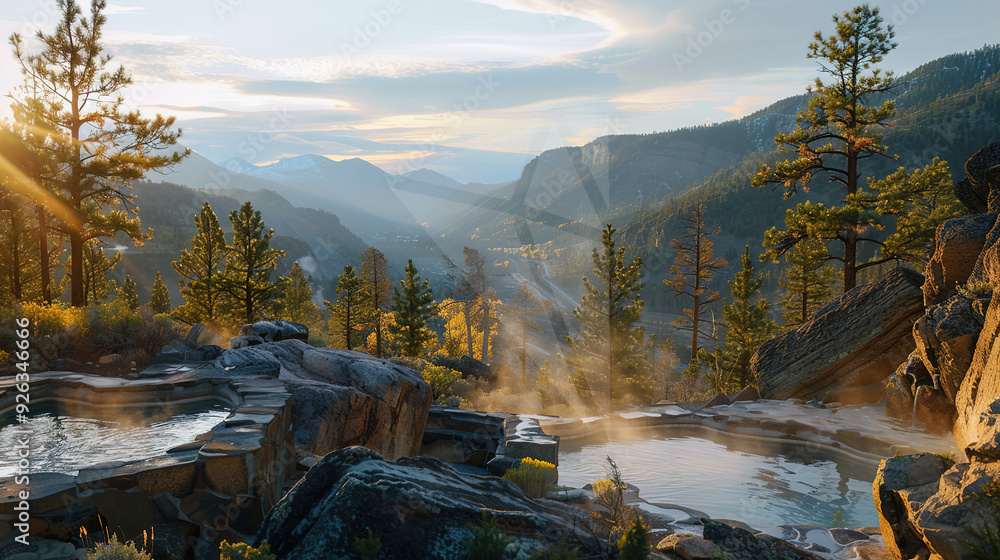The tranquil mountain peak of the cliff edge hot spring in the twilight mountainous area, where the steam white of dusk blends with the rock ash on the mountain, creates a natural paradise for relaxat The tranquil mountain peak of the cliff edge hot spring in the twilight mountainous area, where the steam white of dusk blends with the rock ash on the mountain, creates a natural paradise for relaxat