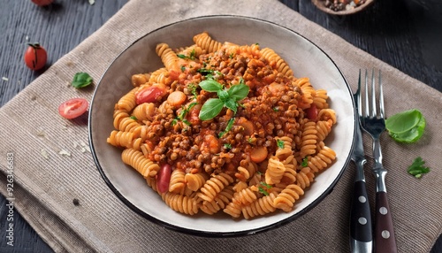 A hearty lentil bolognese made from red lentils, tomatoes and herbs served with wholemeal pasta