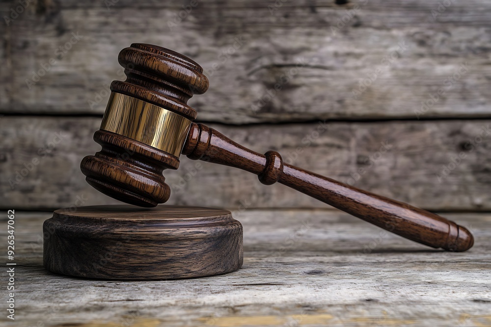 Classic wooden gavel on a judicial block, symbolizing law, order, and justice, set against a rustic wooden background Classic wooden gavel on a judicial block, symbolizing law, order, and justice, set against a rustic wooden background