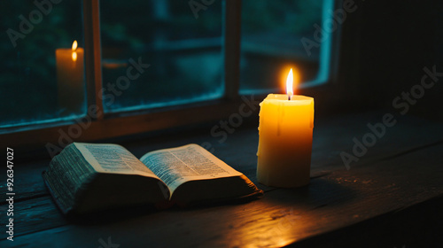 Sacred Moment: Burning Candle and Bible on Wooden Table Near Window