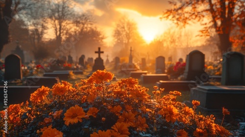 Golden sunlight bathes a tranquil cemetery, highlighting colorful marigolds and casting long shadows across ancient gravestones during a serene evening photo