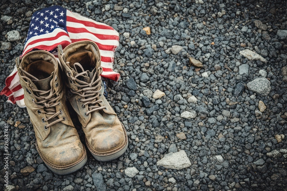 Worn Boots Resting on an American Flag on Gravel Worn Boots Resting on an American Flag on Gravel