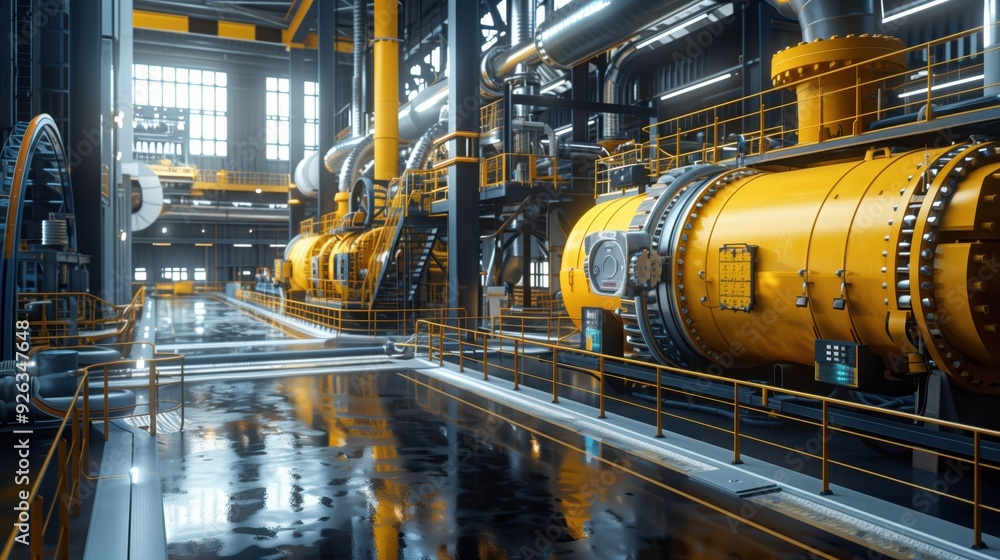 Industrial Interior with Equipment, Cables, and Piping in a Modern Factory Setting Industrial Interior with Equipment, Cables, and Piping in a Modern Factory Setting
