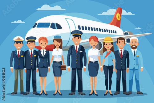 Airplane pilots, flight attendants, airline employees. The crew on the background of a passenger plane. Stewardesses and flight engineer
