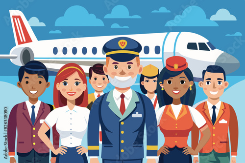 Airplane pilots, flight attendants, airline employees. The crew on the background of a passenger plane. Stewardesses and flight engineer
