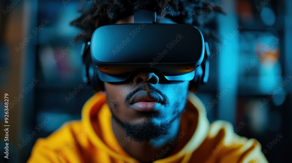 Close-up view of an individual with an immersive VR headset on and a bright yellow hoodie in an indoor environment, signifying the fusion of technology and everyday life. Close-up view of an individual with an immersive VR headset on and a bright yellow hoodie in an indoor environment, signifying the fusion of technology and everyday life.
