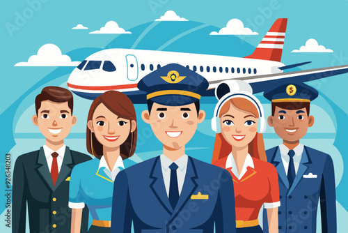 Airplane pilots, flight attendants, airline employees. The crew on the background of a passenger plane. Stewardesses and flight engineer
