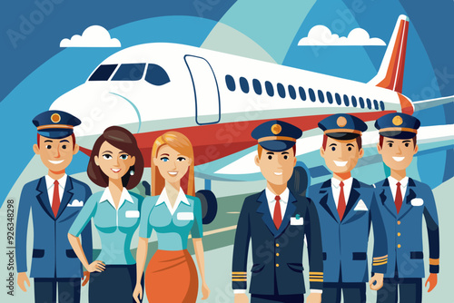 Airplane pilots, flight attendants, airline employees. The crew on the background of a passenger plane. Stewardesses and flight engineer
