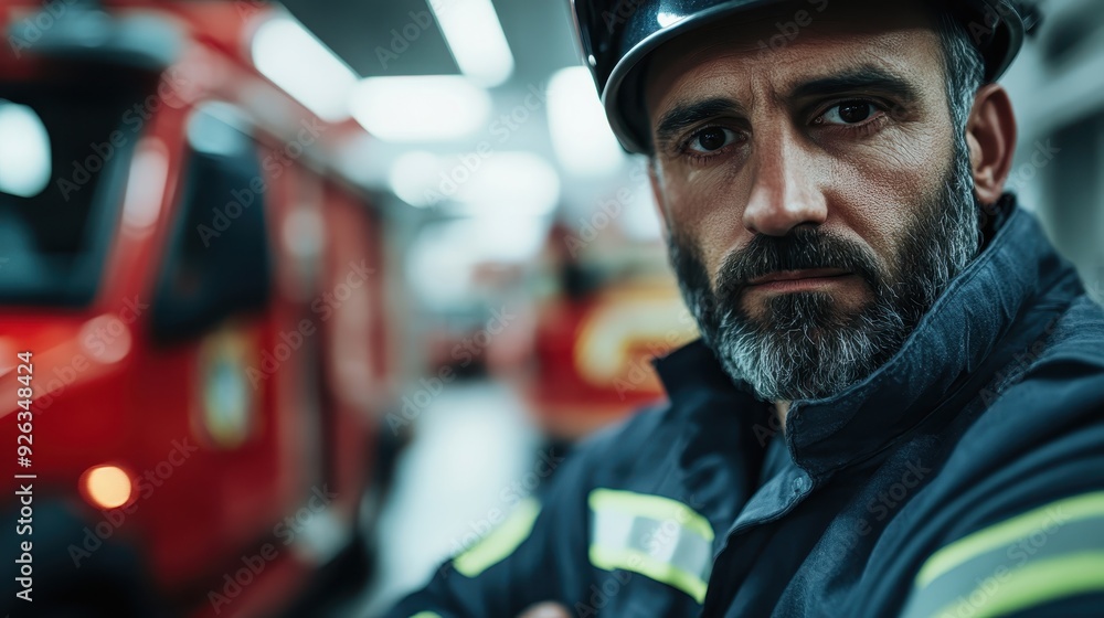 A dedicated firefighter with a serious expression poses in front of a red fire truck, highlighting the importance and bravery in their essential role in society. A dedicated firefighter with a serious expression poses in front of a red fire truck, highlighting the importance and bravery in their essential role in society.