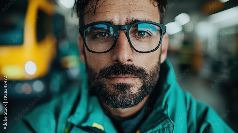 A thoughtful firefighter with glasses and a green uniform, standing indoors with a determined look, symbolizing intelligence and dedication in their crucial role.