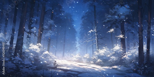 Winter Enchantment: Snowfall Anime Background with Fluttering Snowflakes in a Forest, Abstract Gaming Art for Storybook Illustrations in 4K,book illustrations and picture books photo