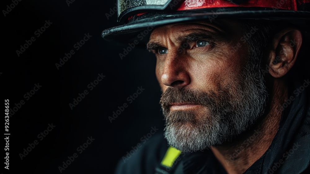 A firefighter wearing a helmet looks thoughtfully into the distance, capturing the essence of determination and preparedness that defines their vital service to the community. A firefighter wearing a helmet looks thoughtfully into the distance, capturing the essence of determination and preparedness that defines their vital service to the community.