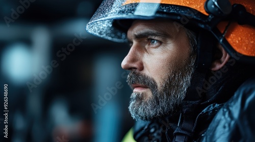 A firefighter wearing an orange helmet, captured in a side profile, ready and prepared for action, epitomizing the bravery and readiness inherent in their profession.