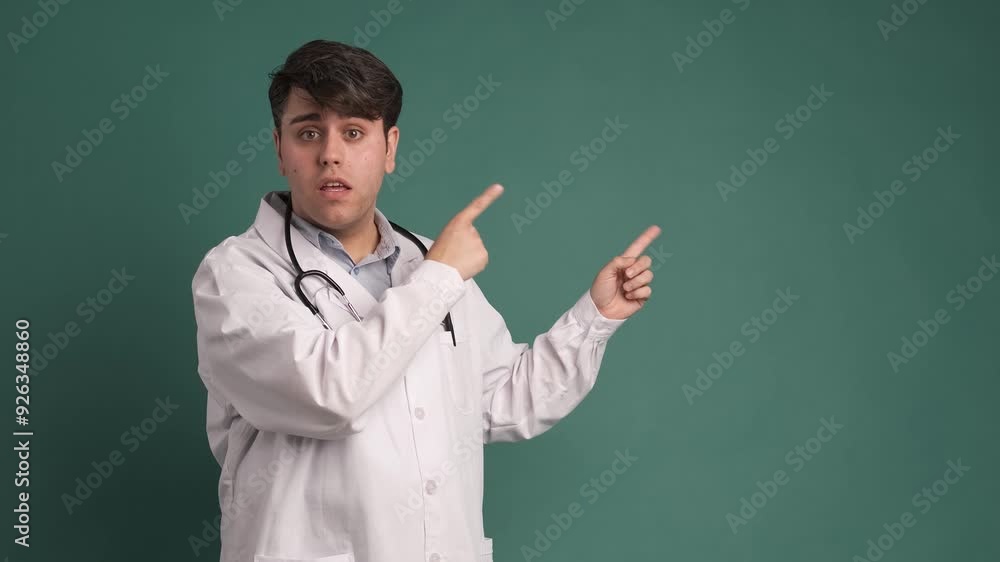 Happy medical professional pointing on green background Happy medical professional pointing on green background