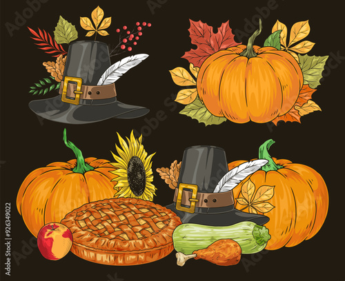 Thanksgiving paraphernalia set flyers colorful