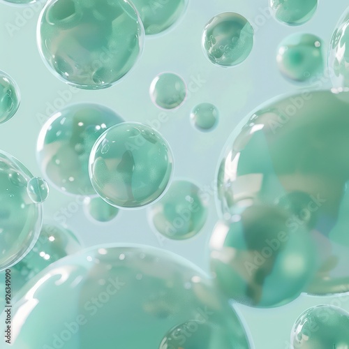 Spherical bubbles float gracefully, each exhibiting a soft gradient blending light green and sky-blue hues, creating an ethereal, calming atmosphere in a dreamy setting.