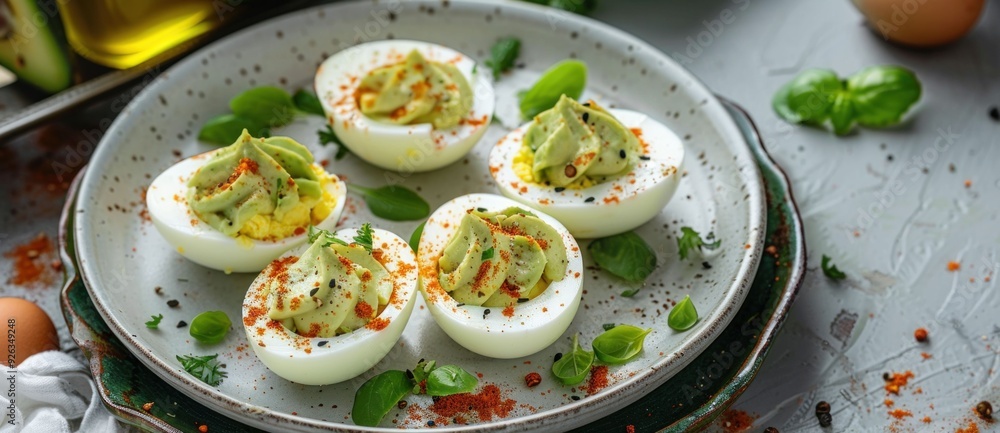 Delicious deviled eggs with creamy avocado filling garnished with spices and herbs on a decorative plate Delicious deviled eggs with creamy avocado filling garnished with spices and herbs on a decorative plate