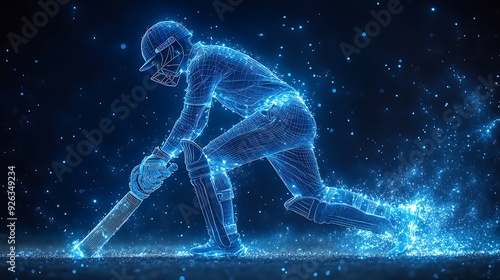 Digital blue low poly cricket player with glowing data streams AI in sports analytics, player performance tracking systems, match prediction algorithms, and training programs. wireframe player design