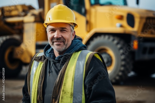 Smiling middle aged male heavy machinery driver