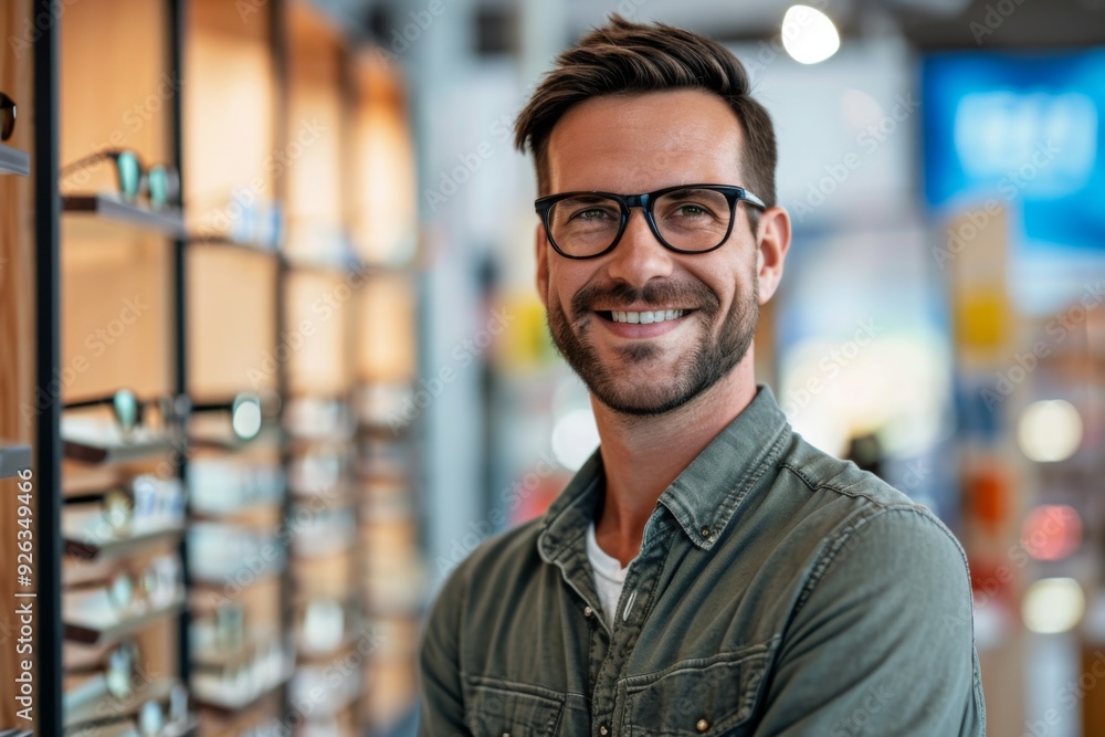 Young man trying glasses in a optics store Young man trying glasses in a optics store