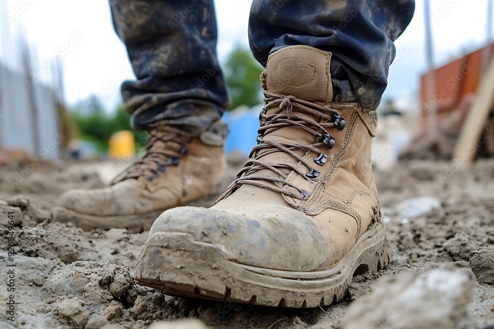 Close-up of a worker's boots on a construction site, highlighting the rugged and demanding nature of construction work Close-up of a worker's boots on a construction site, highlighting the rugged and demanding nature of construction work