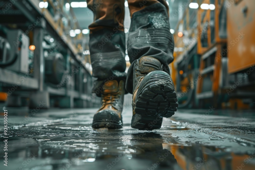 Factory worker wearing safety shoes Factory worker wearing safety shoes