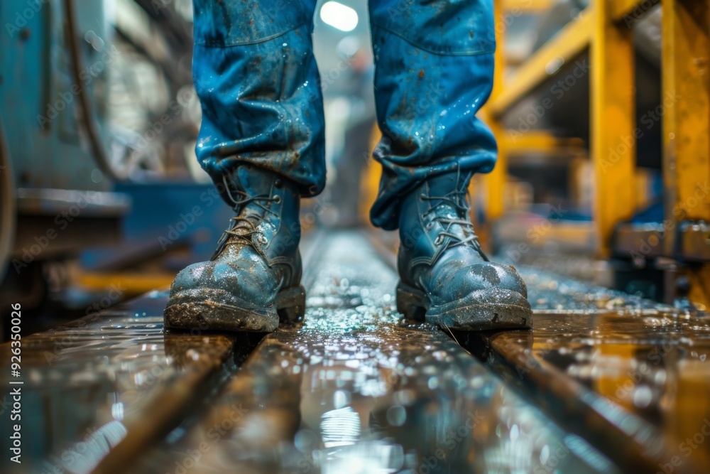 Factory worker wearing safety shoes Factory worker wearing safety shoes
