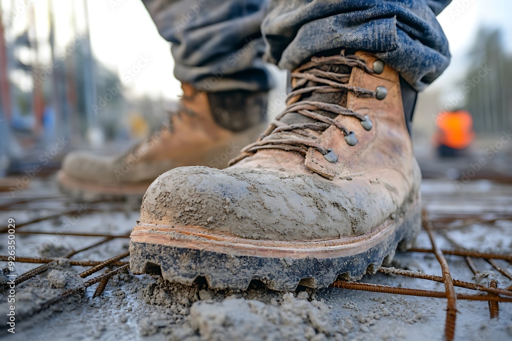 Close-up of a worker's boots on a construction site, highlighting the rugged and demanding nature of construction work Close-up of a worker's boots on a construction site, highlighting the rugged and demanding nature of construction work