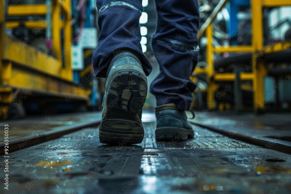 Factory worker wearing safety shoes Factory worker wearing safety shoes