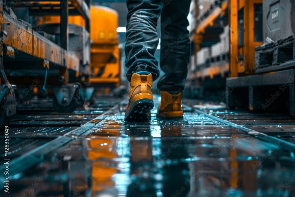 Factory worker wearing safety shoes Factory worker wearing safety shoes