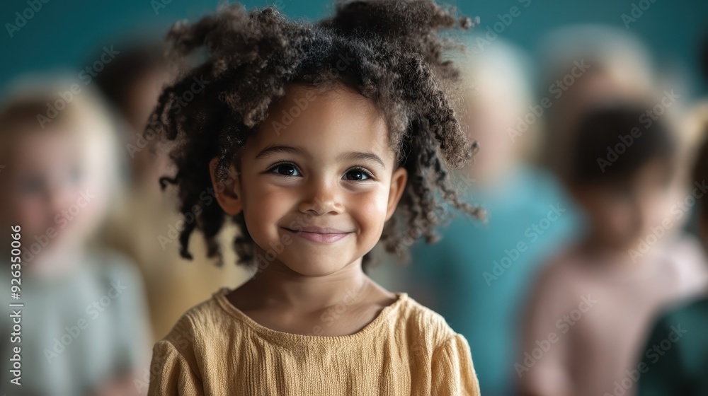 A smiling young girl with curly hair stands out in a classroom environment full of children, exuding happiness, innocence, and liveliness amidst a playful and educational atmosphere. A smiling young girl with curly hair stands out in a classroom environment full of children, exuding happiness, innocence, and liveliness amidst a playful and educational atmosphere.