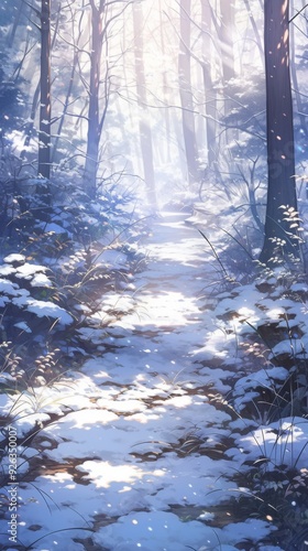 Winter Enchantment: Snowfall Anime Background with Fluttering Snowflakes in a Forest, Abstract Gaming Art for Storybook Illustrations in 4K,book illustrations and picture books photo