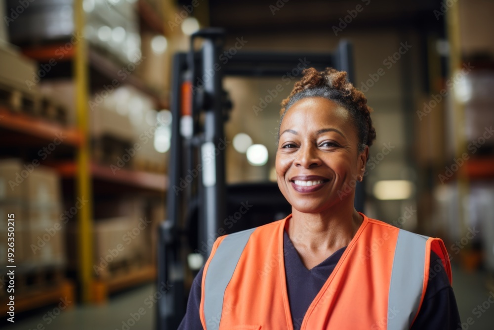 Fototapeta premium Portrait of a middle aged female forklift worker in warehouse