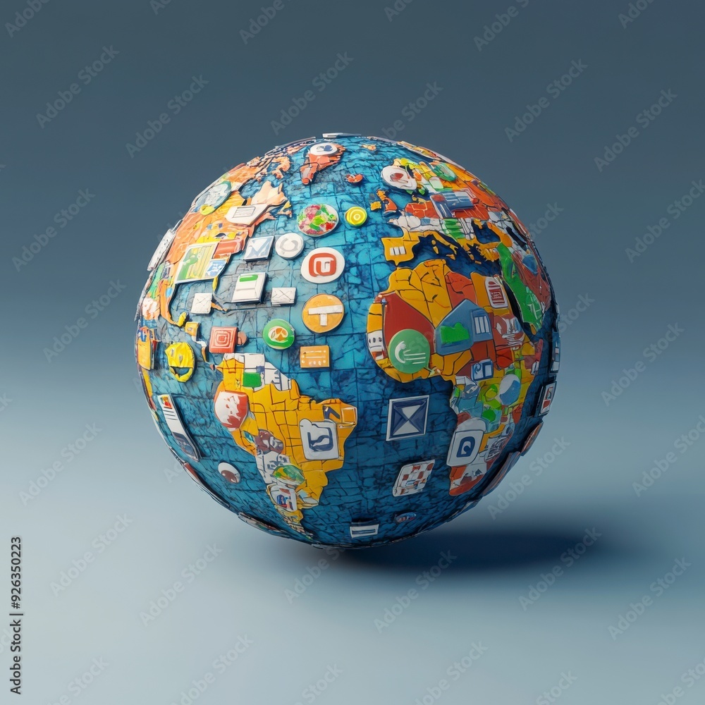 A 3D globe covered with colorful app icons, representing global digital connectivity. A 3D globe covered with colorful app icons, representing global digital connectivity.