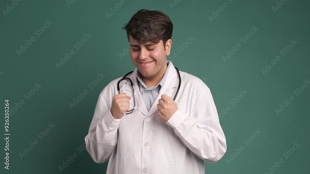 Happy young female doctor celebrating victory in studio Happy young female doctor celebrating victory in studio