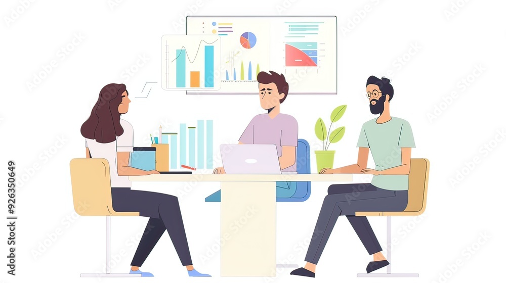An entrepreneur presenting a new project idea to a small team with charts and graphs on a monitor. An entrepreneur presenting a new project idea to a small team with charts and graphs on a monitor.