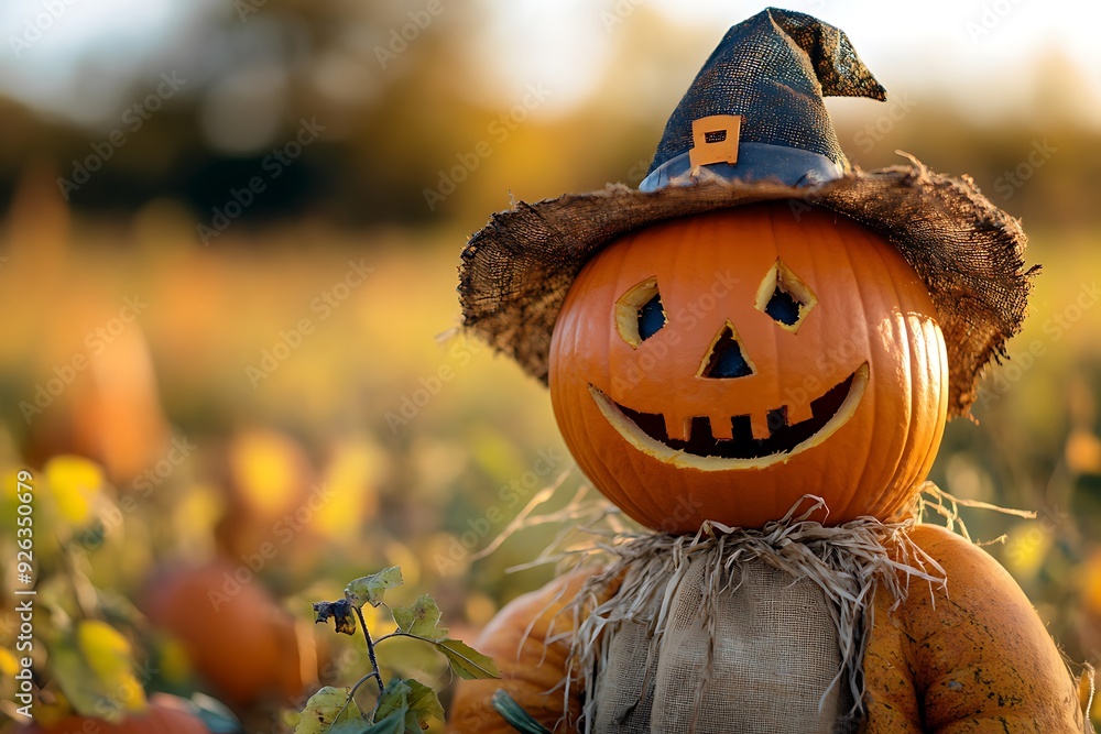 Fototapeta premium Close-up of a smiling pumpkin scarecrow in a pumpkin patch, symbolizing autumn harvest and festive Halloween decoration