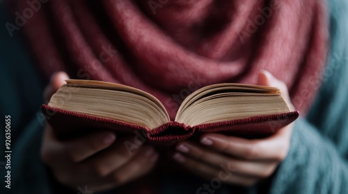 A close-up image of two hands holding an open book, emphasizing the concept of reading, knowledge acquisition, and literary exploration in a cozy and contemplative ambiance. photo