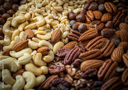 Various nuts including almonds, cashews, and pecans arranged on a wooden background