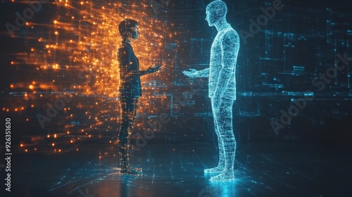 A digital human interacts with a glowing, ethereal figure, surrounded by data and code.