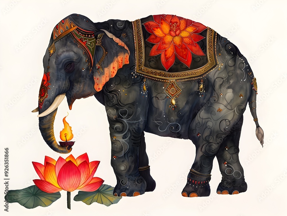 Obraz premium Ornate Indian Elephant with Lotus and Candle