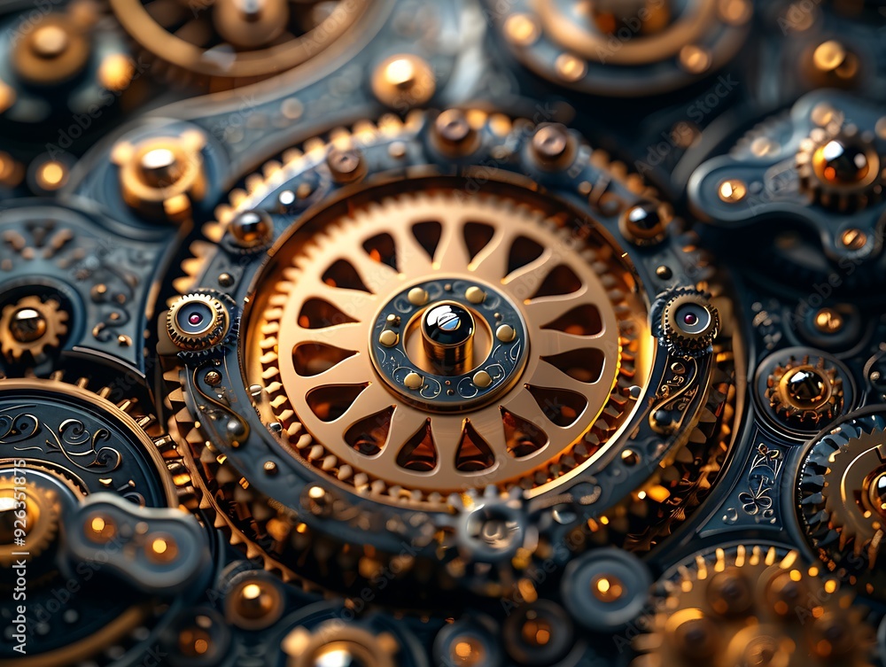A close up of a gear mechanism with hundreds of gears, bolts, valves and other small details, some parts are made of gold with engraving. A close up of a gear mechanism with hundreds of gears, bolts, valves and other small details, some parts are made of gold with engraving.