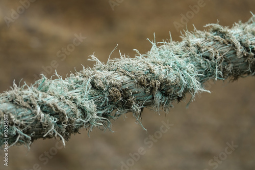 Length of old frayed green rope diagonal against blurred background