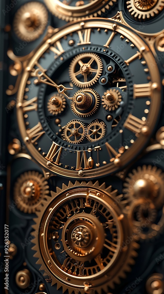 A close up of a gear mechanism with hundreds of gears, bolts, valves and other small details, some parts are made of gold with engraving. A close up of a gear mechanism with hundreds of gears, bolts, valves and other small details, some parts are made of gold with engraving.